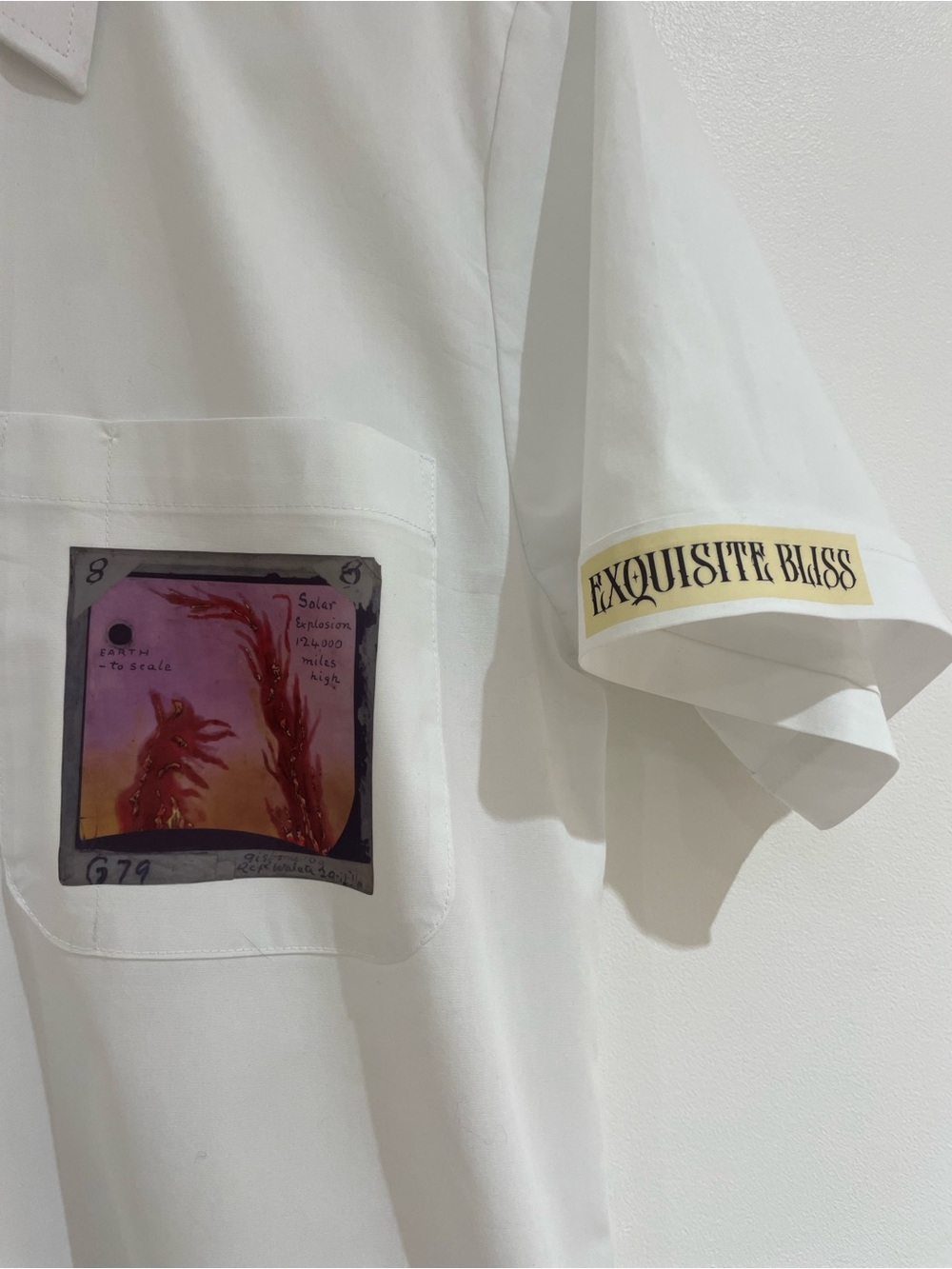 Upcycled graphic collage white button-down shirt unisex S/M - Picture 2 of 4
